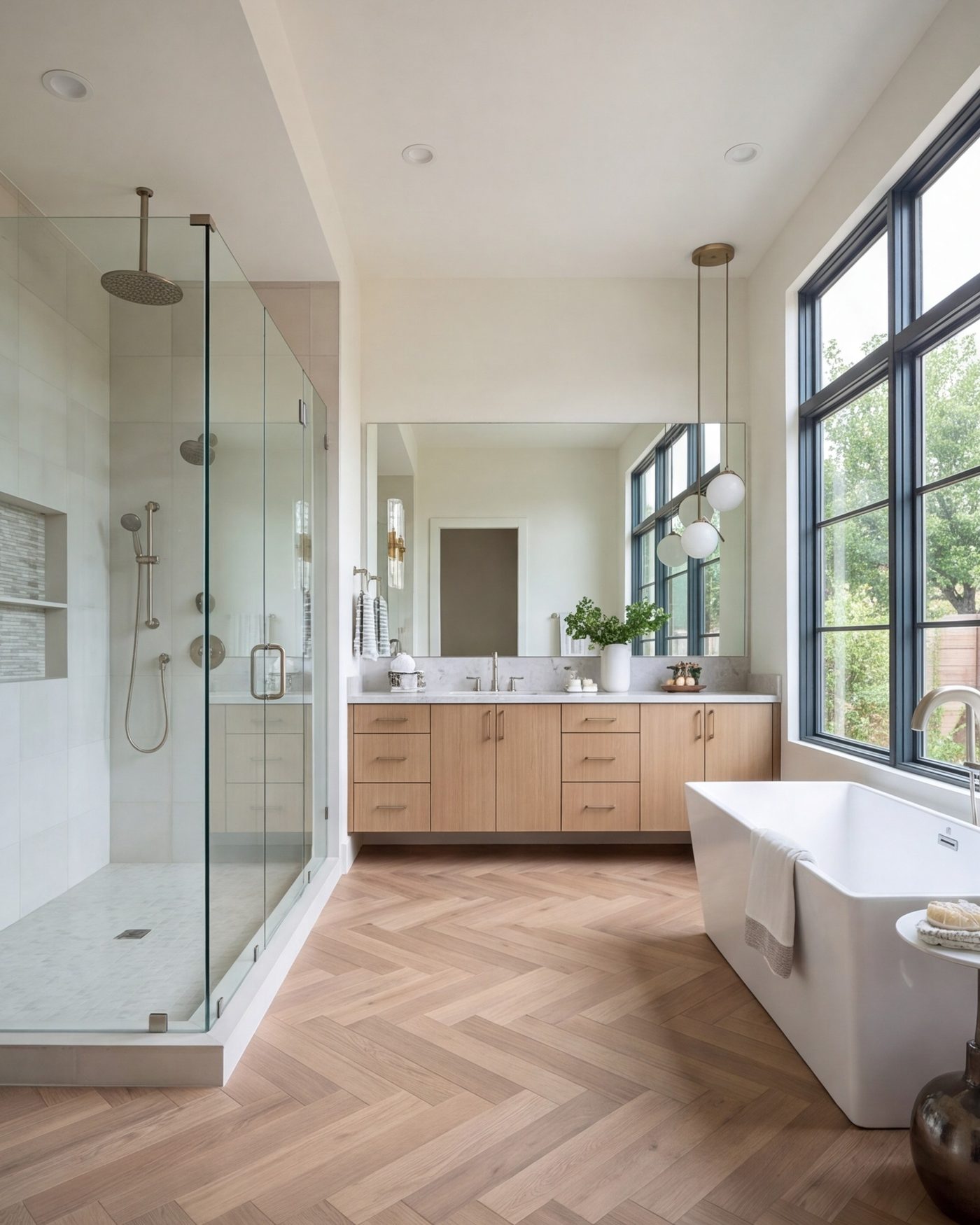 Wide view of a light primary bathroom with a walk-in shower, oak vanity and soaking tub by a large window