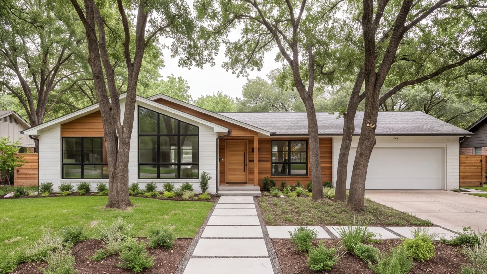 Front of a remodeled 1950s Dallas ranch house with new windows and entry under big trees