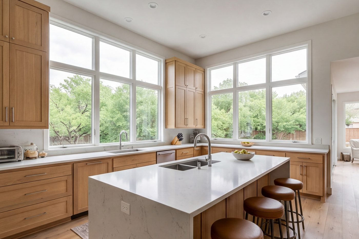 Kitchen with a long island, natural wood cabinets and windows on two sides