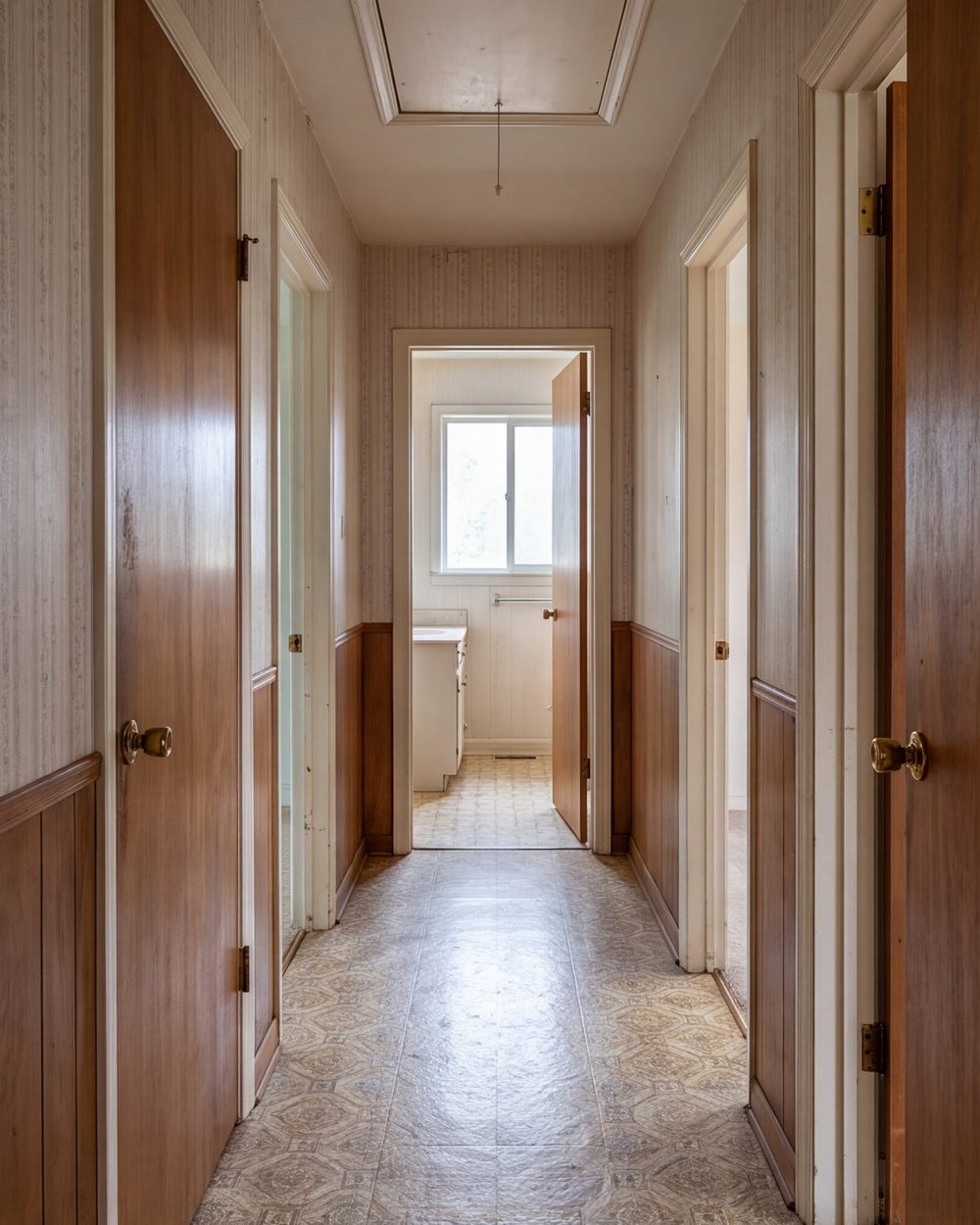 Hallway and bathroom door of a ranch house in daylight before work begins
