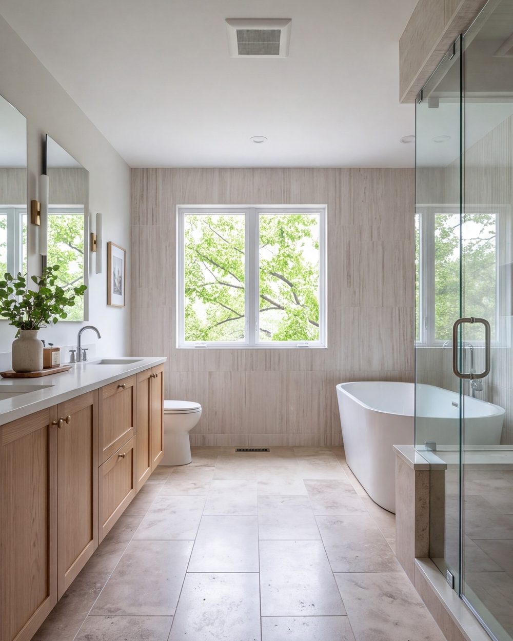 Bathroom in soft light with oak, stone and pale tile finishes seen together