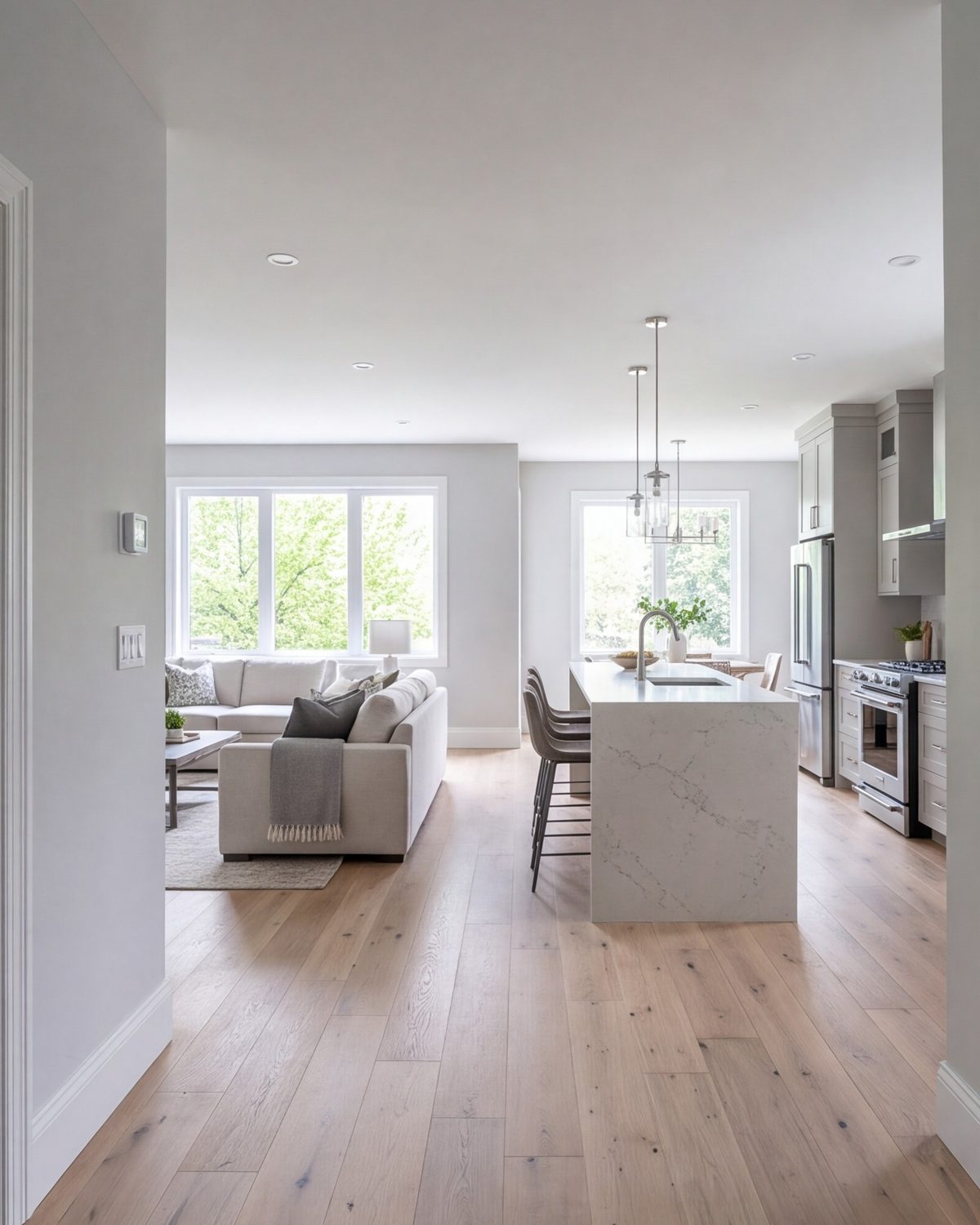 Open living area and kitchen seen from the hallway, pale walls, wood floors and large windows